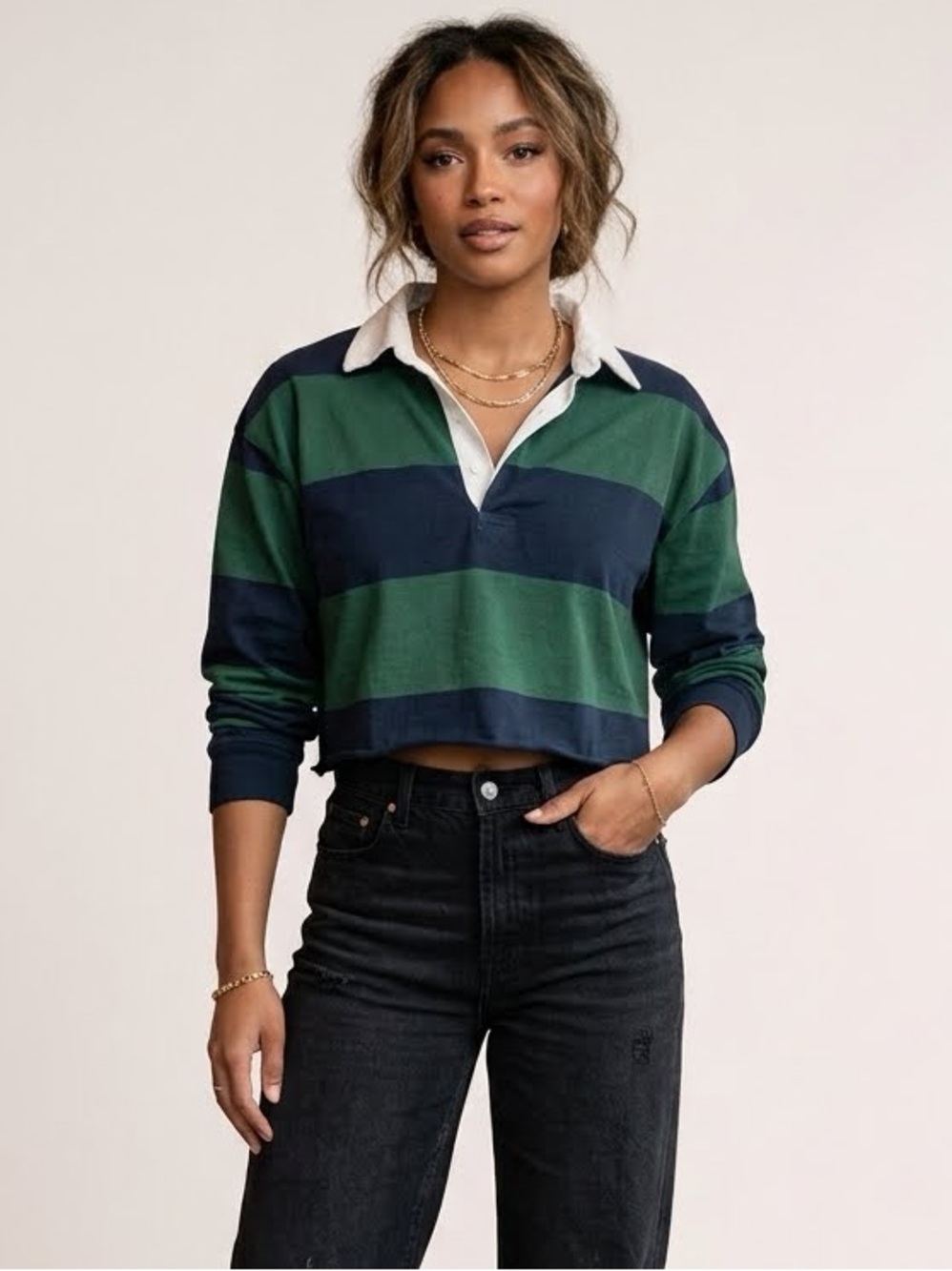 Brandy Melville Evelyn Navy Green Striped Cropped Rugby Polo Shirt One Size S M
